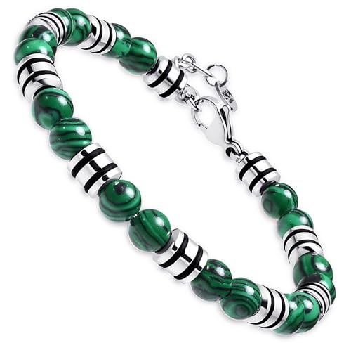 Dada Gioielli Bracelet Homme/Femme en Pierres Naturelles et Acier Inoxydable Hypoallergénique – Éléments Soudés Résistants – Coffret Cadeau (Malachite)