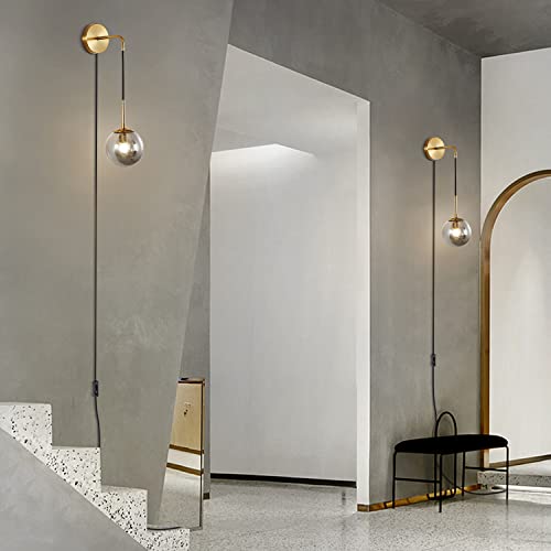 Image of KCO Modern Globe Wall Sconce with Plug in Industrial Vintage Wall Lamp On /Off Switch Adjustable Minimalist 1-Light Mounted Reading Lamps for Bedroom Living Room Corridor(Smoke Gray & 2-Pack)