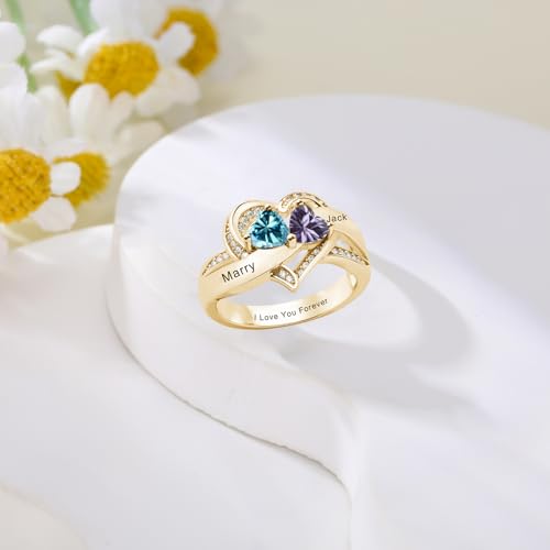 Custom Birthstone Promise Rings for Her Solid 10k 14k 18k Gold Engraved 2 Names Personalized 2 Heart Birthstones Christmas For Mom Wife Lover2