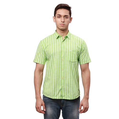 Image of Park Avenue Men's Pure Cotton Chambray Pattern Slim Fit Ainsley Collar Half Sleeve Casual Shirt