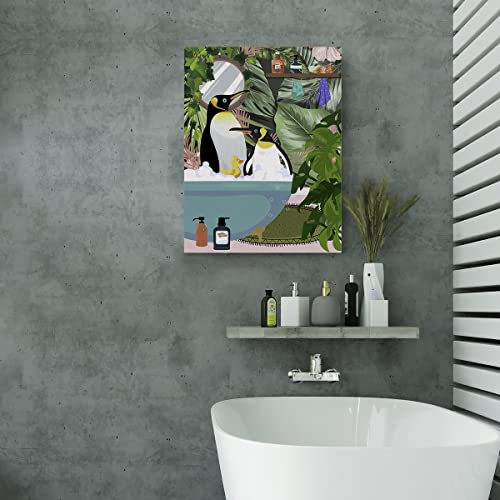 Penguins In Bathtub Canvas Poster Painting Bathroom Wall Art, Tropical Plants Penguins Picture Artwork Framed Print Ready To Hang For Restroom Toilet Wall Decor 12 X 15 Inch #TOP4