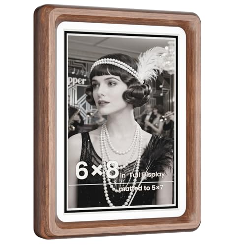 WILTYAPF 6x8 Premium Natural Walnut Wood Picture Frame, Handcrafted with Solid Wood Back & HD Tempered Glass, Rich Wood Grain, Matted for 5x7 Photos, Wall Mount or Tabletop Display