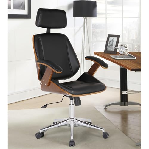 Armen Living Century Office Chair in Black Faux Leather and Walnut Wood, Chrome Finish - Thumbnail 2