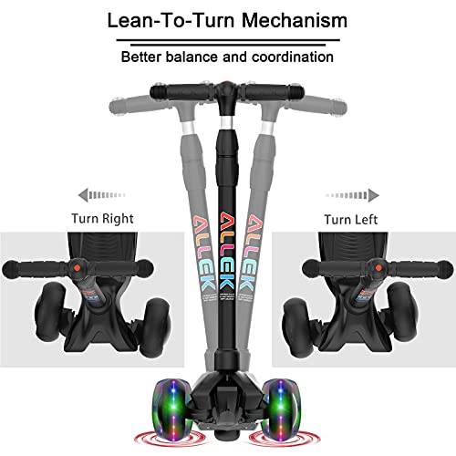 Image of Allek Kick Scooter B03, Lean 'N Glide 3-Wheeled Push Scooter with Extra Wide PU Light-Up Wheels, Any Height Adjustable Handlebar and Strong Thick Deck for Children from 3-12yrs (Black)