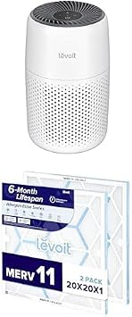 LEVOIT Air Purifiers for Bedroom Home, Core Mini-P, White + LEVOIT 20x20x1 AC Furnace Air Filter, MERV 11, 6-Month Pleated 1-Inch Electrostatic Air Cleaning Filter, 2 Pack