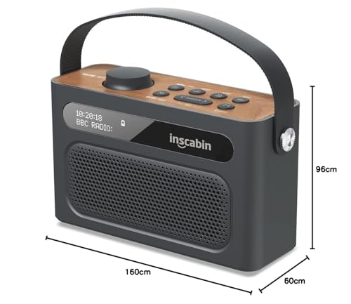 Inscabin M60 Tragbarer DAB/DAB + FM-Digitalradio/Bluetooth/Stereo-Sound/Doppellautsprecher/Doppelwecker/Subwoofer/Akku/Schönes Design (Schwarz)