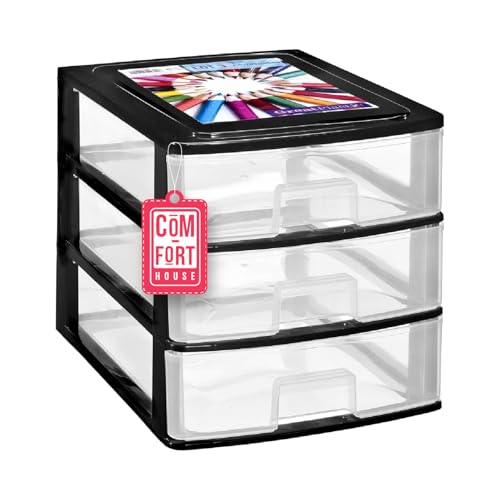 Cajonera Plástico 3 Cajones Transparente Negro - Organizador de Escritorio, Mini Cajonera para Papeles y Material de Oficina, Organizador de Documentos 355 x 265 x 265 mm