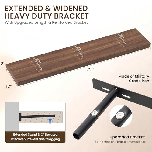 Image of Dreamland 72 inch Floating Shelves for Wall,12 inch Deep Thicker Floating Shelves,Wall-Mounted Shelves for Bedroom,Living Room,Kitchen,Bathroom,Walnut - Set of 1