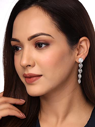 Women's Silver Toned Coin Dangler Long Earrings, Gift for Her