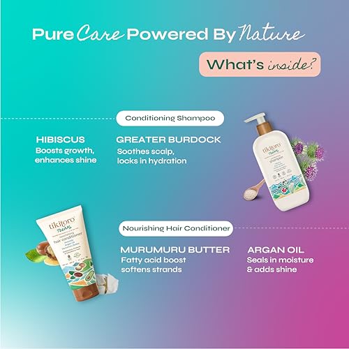 Image of Tikitoro Teens Cleanse & Condition Duo | Nourishing Shampoo & Conditioner Set | Gentle Cleansing, Strengthening & Frizz Control | No Parabens & Sulphates (Age 11+) (300ml x 1 & 150ml x 1)