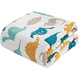 RECYCO Musselin Babydecke 110x110cm 6-Lagig Baumwolle Decke Sommer Weich Atmungsaktiv Oeko-TEX Wickeldecke Einschlagdecke (Dinosaurier Hellbraun)