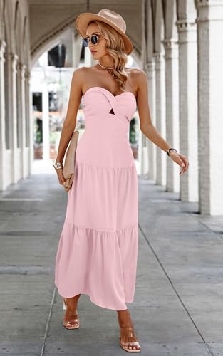 Image of ECOWISH Women's Summer Strapless Maxi Dress 2026 Off Shoulder Hollow Out Smocked A Line Tube Tiered Long Dresses