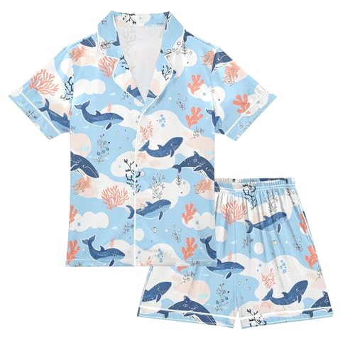 Cartoon Ocean Whale Style Summer Satin Pajama Set, Cute Button-Down Sleepwear Pj Set for Sleep Wears
