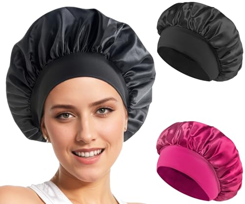 Loomify Gorro de Saten para Dormir,Gorro Satén Pelo Rizado,Gorros de Seda Ajustable para Mujeres y Niñas,2 Piezas (Negro,Rojo Rosa)
