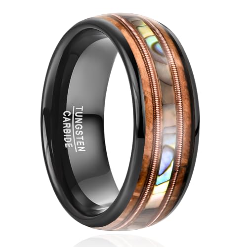 NUNCAD Tungsten Rings for Men Whiskey Barrel Wood and Abalone Shell Inlay Black Engagement Wedding Band Guitar String Ring Comfort Fit Size 7-12