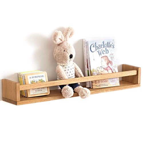 OAKERLAND Wandregal Kinderzimmer Holz Bücherregal Wand, 60cm Wandregal Eiche Massiv für Kinderzimmer, Eiche Schweberegal Bilderleiste für Bücher Märchenbücher, Zeitschrift