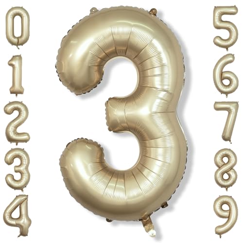 Image of Large Light Gold 3 Balloons, 40 Inch Metallic Champagne Gold Helium Mylar Foil Globos Numero for Boys Girls, Self Inflating 3rd Birthday Balloon for Women Men Anniversary Party Decorations Supplies