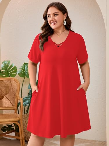 Image of AusLook Plus Size Midi Dress for Women Short Sleeve V Neck Criss Cross A Line Summer Casual Vacation Sundresses with Pockets