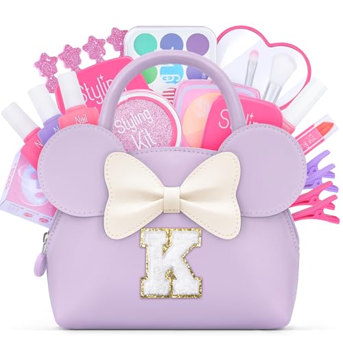QLOVEA Pretend Makeup Kit for Toddlers Kids- 21Pcs Make Up Toys with Initial Toddler Purse - Birthday Gifts for 3 4 5 Years Old Girls Vanity Set Christmas Birthday Gift Purple K