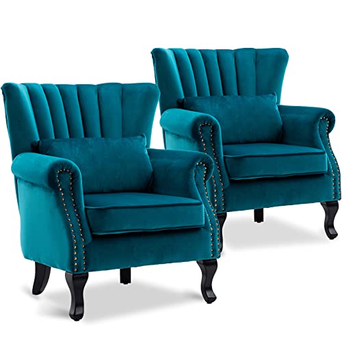 LZAREAL Accent Reading Arm Chairs Set of 2 Midcentury Modern Comfy Corner Sofa Chair, Wingback Waiting Room Club Chair with Tufted Back for Living Room/Bedroom/Reception Room, Velvet Teal