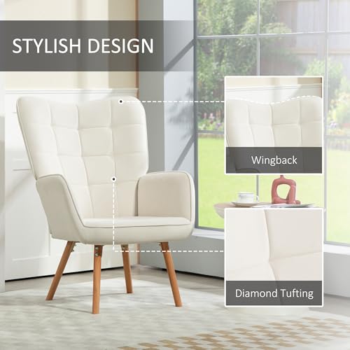 HOMCOM Modern Accent Chair, Upholstered Tufted Wingback Armchair with Seat Padding, Velvet Leisure Lounge Bedroom Chair with Wood Legs, Cream White - Image 5