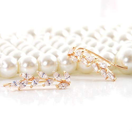 Humble Chic Ear Climber Earrings For Women, Gold Ear Cuff Earrings, Hypoallergenic Gold Dainty Earrings, Climbing Cz Crystal Gold Earrings, Leaf Ear Crawler Stud, Gold Flower Earrings, 14K Gold Plated #TOP3