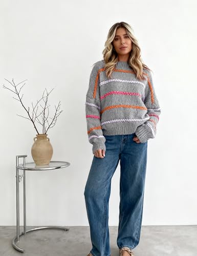 Image of QIBABU Womens Striped Sweaters Casual Lantern Sleeve Color Block Knit Pullover Sweater Tops