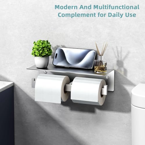 Image of Angle Simple Double Toilet Paper Holder with Shelf, Brushed Nickel | SUS304 Stainless Steel, 2 in 1 Tissue Roll Holder, Top Shelf for Phone Wet Wipes, Hold 2 Rolls for Backup, Screws Wall Mount