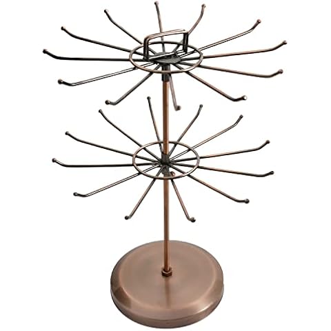 Auroal 2 Tier Rotating Jewelry Stand, Jewelry Tree, Metal necklace holder,with 24 Hooks and Top Handle Card Holder, for Bangles, Bracelets, Necklaces,Earrings, Watch(Bronze) Cover