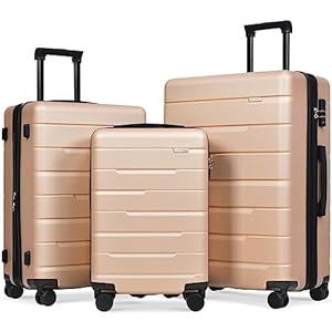 Merax 3 Piece Set Suit case, Hardside Luggage with Spinner Wheels Lightweight TSA Lock, Black and Champagne, 20/24/28 Inch