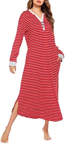 Ekouaer Women Striped Nightgown Long Loungewear Nightshirt Sleepwear with Pockets