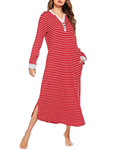 Ekouaer Long Nightgown, Women Loungewear V Neck Sleepwear Full Length Sleep Shirt with Pockets Red...