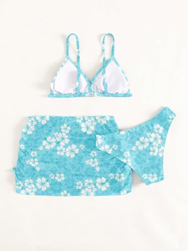 Image of COZYEASE Girls' 3 Piece Set Floral Print Bikini Swimsuit with Drawstring Beach Skirt Cute Ruched Bathing Suit
