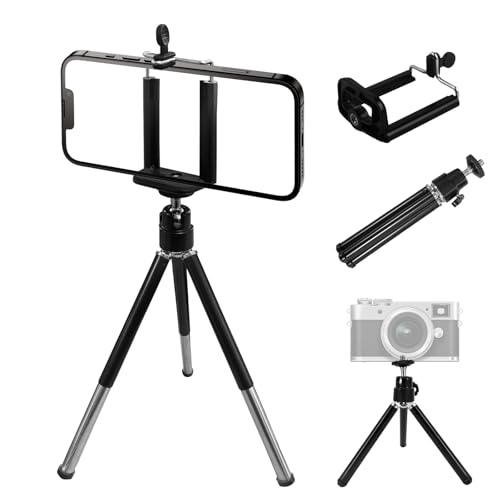 OBHEI Mini Portble Extendable Phone Tripod Stand with Clip, 360° Ball Head Desktop Tripod Compatible with All Cellphone Mini Camera for Vlogging, Travel, Video Recording (Black)