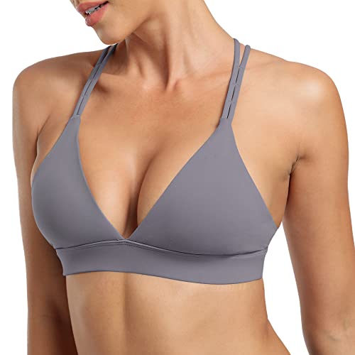 YEOREO Sujetador deportivo para mujer con cuello en V y espalda cruzada con tirantes y espalda cruzada, brasier de yoga acolchado para fitness, #1 Gris, Medium Cover