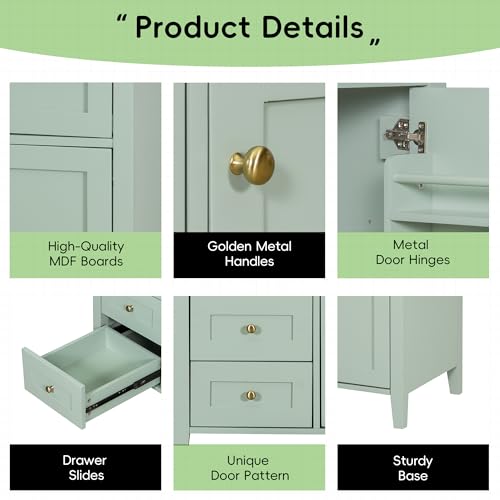 Image of 36 inch Bathroom Vanities with Top Set, Cabinet with Multi-Functional Tip-Out Drawer and Adjustable Shelf, Soft-Closing Door, Solid Wood Legs, Green