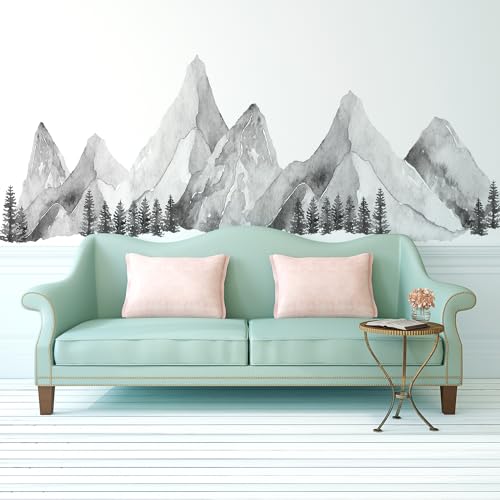 Large Mountain Wall Decals, Gray Pine Tree Peel...