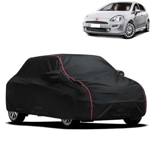 Image of Waterproof Car Cover for Fiat Grande Punto | All-Weather Protection, Dustproof & UV Resistant | Triple Stitched Mirror Pockets, Windproof Buckle Strap with Elastic Hem, Black-Red Piping