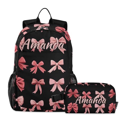 ALAZA Custom Pink Red Bow Black Backpack and Lunch Bag Set for Girls Boys Kids Personalized Text School Bag Customized Elementary Back Pack Casual Daypack