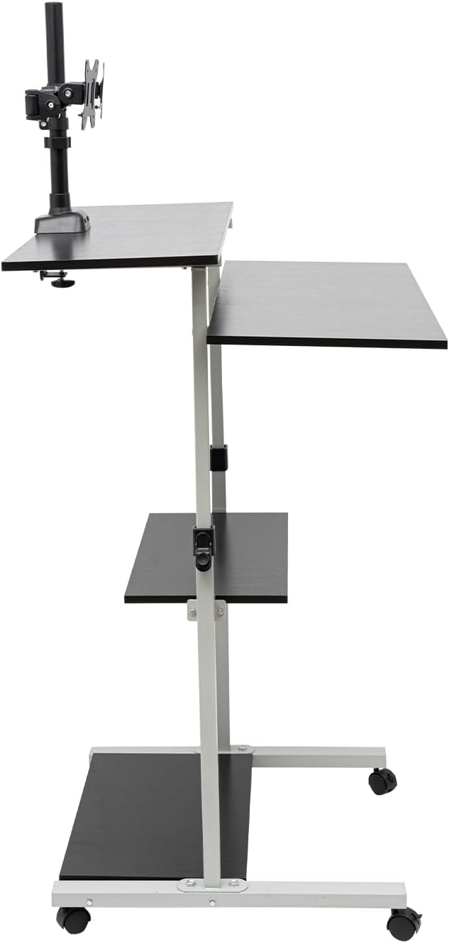 Computer Standing Desk Mobile 4-Tier Desktop Adjustable Height Rolling Laptop Cart with 2 Monitor Connectors and 4 Wheels (Silver)