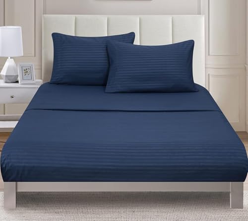 Image of BSB HOME 210 TC Premium Glace Cotton Striped /Lining Plain Bedsheet for Double Bed King Size with 2 Pillow Covers for Home-Hotels-Guest House-Blue