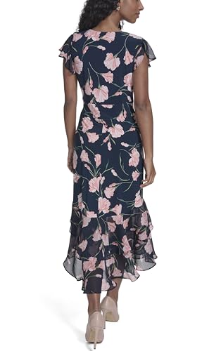 Image of Tommy Hilfiger Women's Flutter Sleeve V-Neck Ruffle Trim Hi-Lo Midi Dress