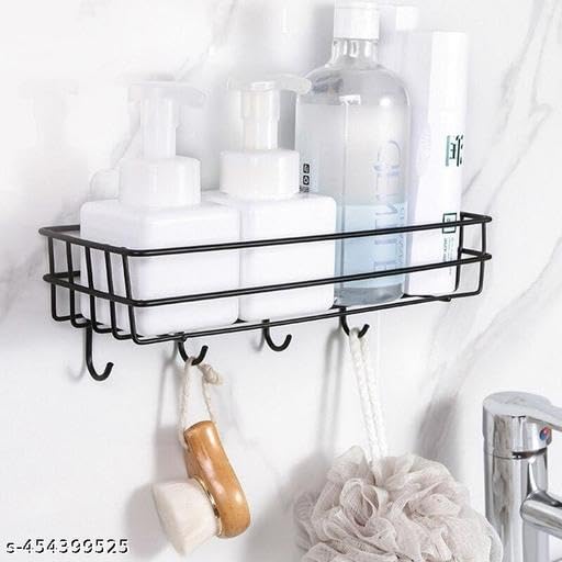 (Pack of 2) Steel Self-Adhesive Multipurpose Bathroom Shelf with Hooks/Towel Holder/Rack/Bathroom Accessories-Wall Mount - Pack of 2 (Black,Powder Coated)|BHR-P1066 3