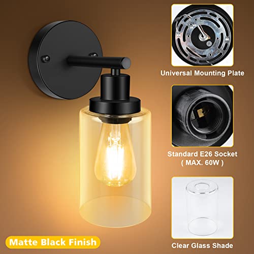 Unicozin Wall Sconces Set Of Two, Vanity Light Fixtures With Clear Glass Shade, Modern Wall Lights For Living Room, Bedroom, Kitchen, Hallway, Mirror, Matte Black, E26 Base (Bulbs Not Included) #TOP2
