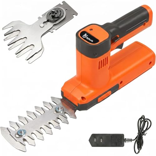 Syluris 12V Cordless Hedge Trimmer & Grass Shear, 2-in-1 Electric Handheld Shrubbery Trimmer with Battery and Charger Included, Lightweight Garden Bush Cutter for Lawn & Yard Maintenance(Orange)