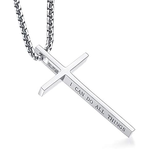 Rnivida Men's Stainless Steel Cross Pendant Necklace, Philippians 4:13 Jewelry with Strength Bible Verse Cross, Birthday Confirmation Gifts Male Husband (Silver) Cover