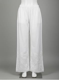 White Cotton Chikankari Palazzo Pants for Women, Embroidered Floral Design with Lace Hem, Wide Leg Price In India