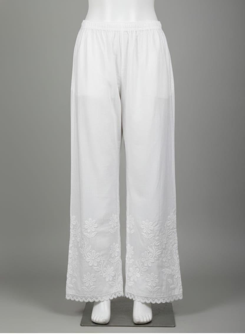 White Cotton Chikankari Palazzo Pants for Women, Embroidered Floral Design with Lace Hem, Wide Leg-image-9