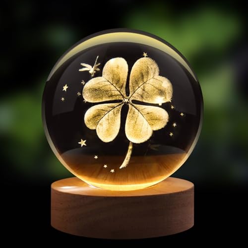 Flexzion 3D_CRST_60MM_CLV 3D Clover Crystal Ball Night Light - Led Light Hologram Glass Lamp With Solid Wood Base cover