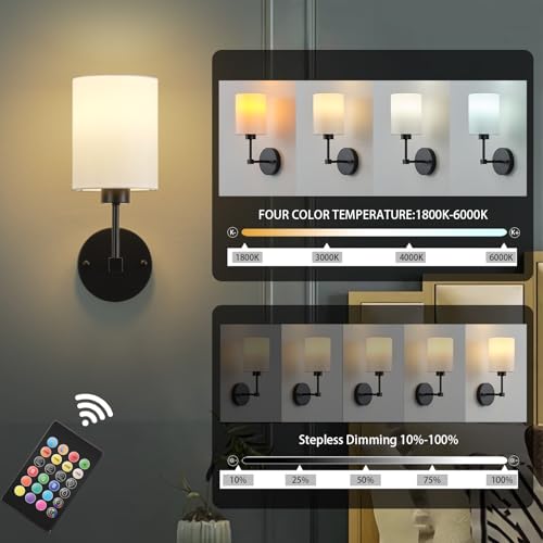 Image of Battery Operated Wall Sconce Set of Two,Wireless Rechargeable Wall Light With Remote Control, Dimmable, 1800K /3000K /4000K /6000K /RGB, Timer, for Living Room, Bedroom, Fireplace, TV, 13.5 Inch, Black